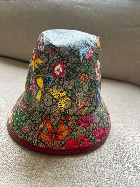 New Gucci GG Canvas Floral Bucket Hat - Red leather Trim main image 5